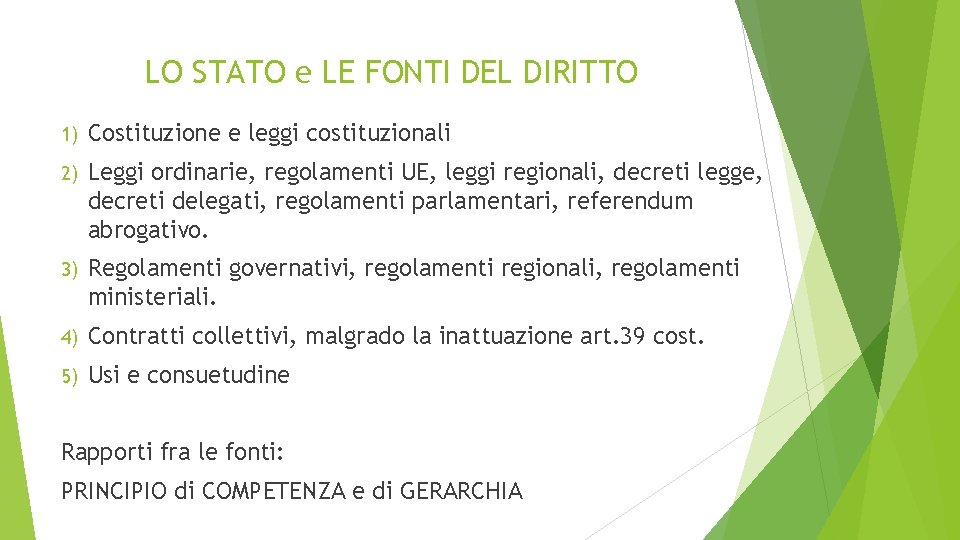 LO STATO e LE FONTI DEL DIRITTO 1) Costituzione e leggi costituzionali 2) Leggi