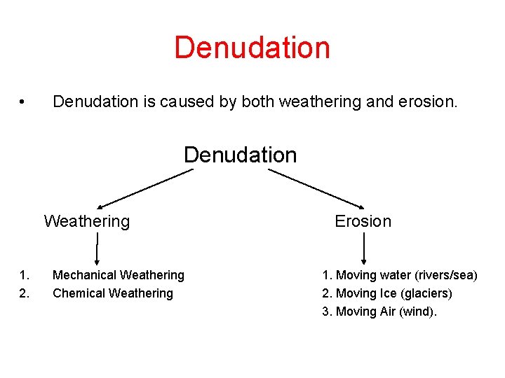 Denudation • Denudation is caused by both weathering and erosion. Denudation Weathering 1. 2.