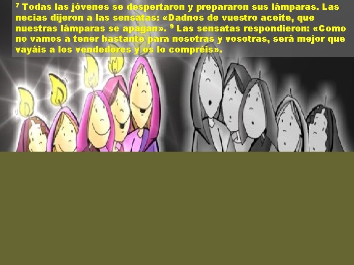Todas las jóvenes se despertaron y prepararon sus lámparas. Las necias dijeron a las