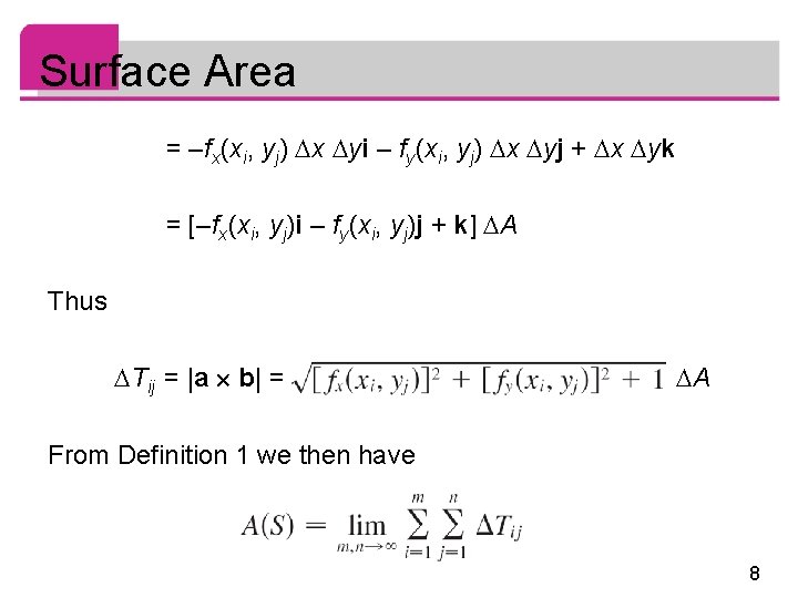 Surface Area = –fx (xi, yj) x yi – fy (xi, yj) x yj