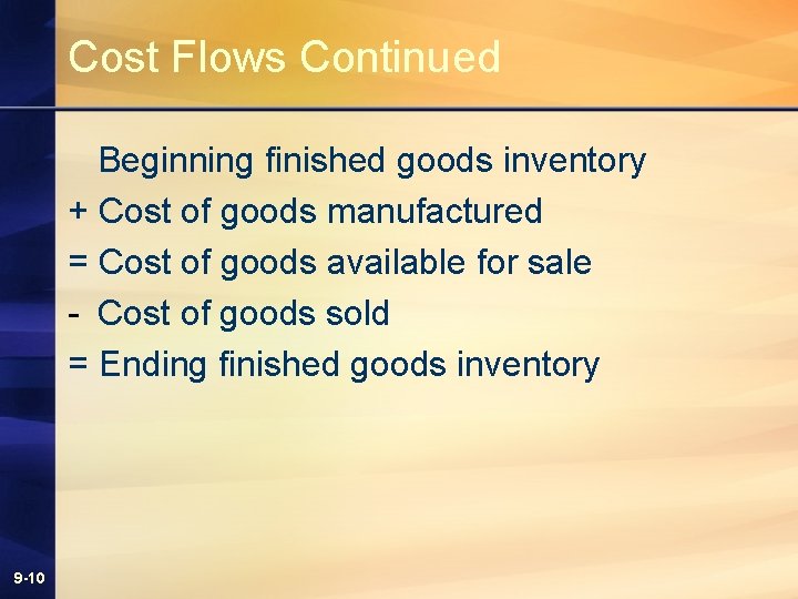 Cost Flows Continued Beginning finished goods inventory + Cost of goods manufactured = Cost