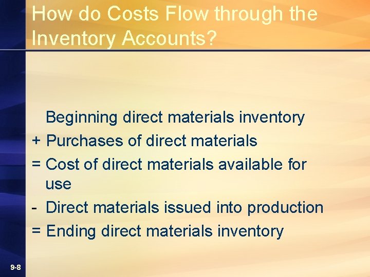 How do Costs Flow through the Inventory Accounts? Beginning direct materials inventory + Purchases