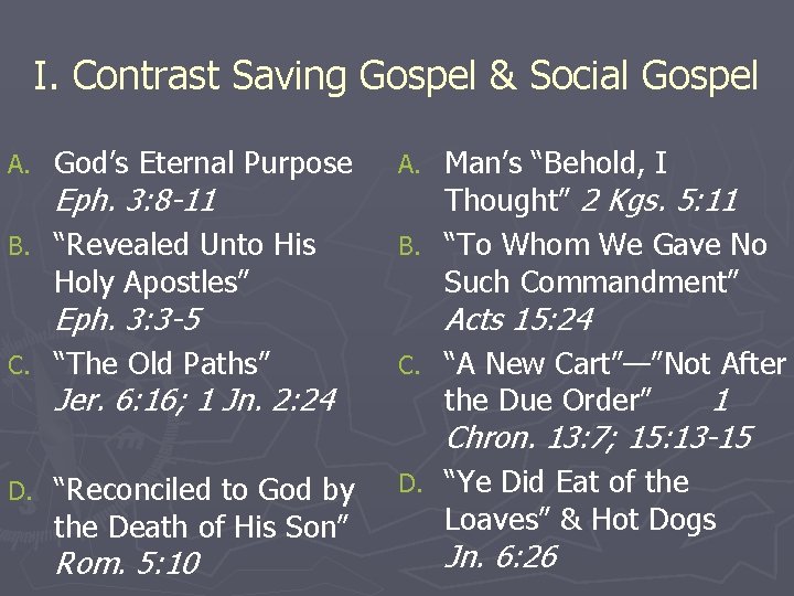 I. Contrast Saving Gospel & Social Gospel A. God’s Eternal Purpose B. “Revealed Unto