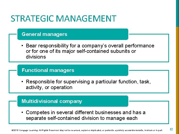 STRATEGIC MANAGEMENT General managers • Bear responsibility for a company’s overall performance or for