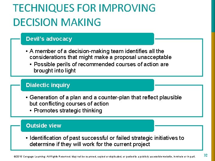 TECHNIQUES FOR IMPROVING DECISION MAKING Devil’s advocacy • A member of a decision-making team