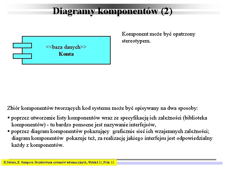 Diagramy komponentów (2) Komponent może być opatrzony stereotypem. <<baza danych>> Konta Zbiór komponentów tworzących