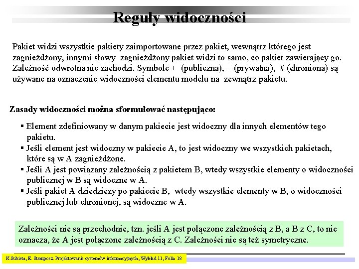 Reguły widoczności Pakiet widzi wszystkie pakiety zaimportowane przez pakiet, wewnątrz którego jest zagnieżdżony, innymi