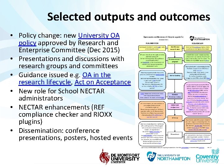 Selected outputs and outcomes • Policy change: new University OA policy approved by Research