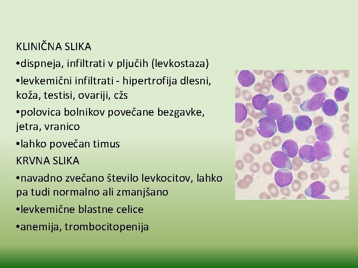 KLINIČNA SLIKA • dispneja, infiltrati v pljučih (levkostaza) • levkemični infiltrati - hipertrofija dlesni,