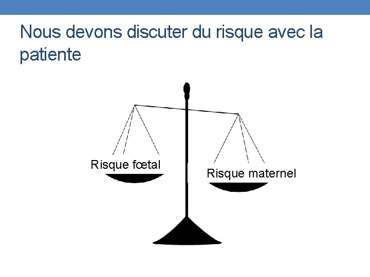 Nous devons discuter du risque avec la patiente Risque fœtal Risque maternel 