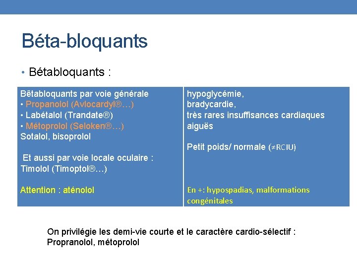 Béta-bloquants • Bétabloquants : Bêtabloquants par voie générale • Propanolol (Avlocardyl®…) • Labétalol (Trandate®)