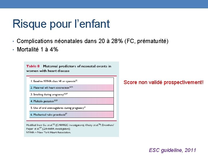 Risque pour l’enfant • Complications néonatales dans 20 à 28% (FC, prématurité) • Mortalité