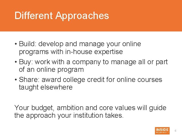 Different Approaches • Build: develop and manage your online programs with in-house expertise •