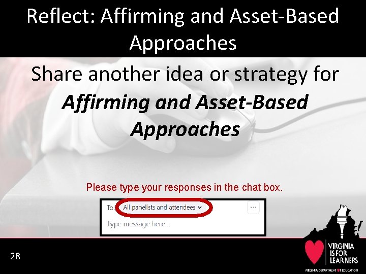 Reflect: Affirming and Asset-Based Approaches Share another idea or strategy for Affirming and Asset-Based