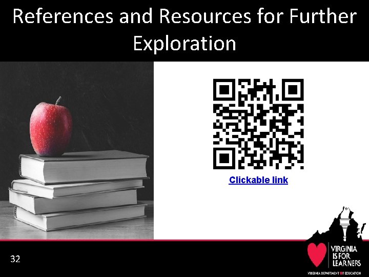 References and Resources for Further Exploration Clickable link 32 