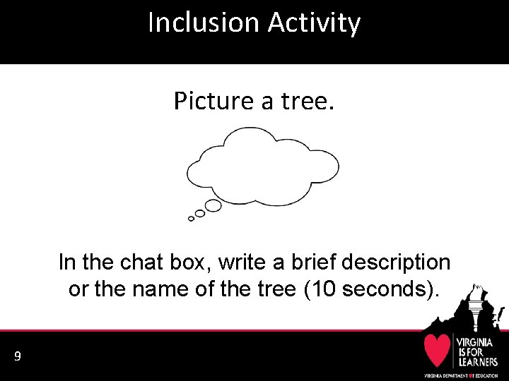 Inclusion Activity Picture a tree. In the chat box, write a brief description or