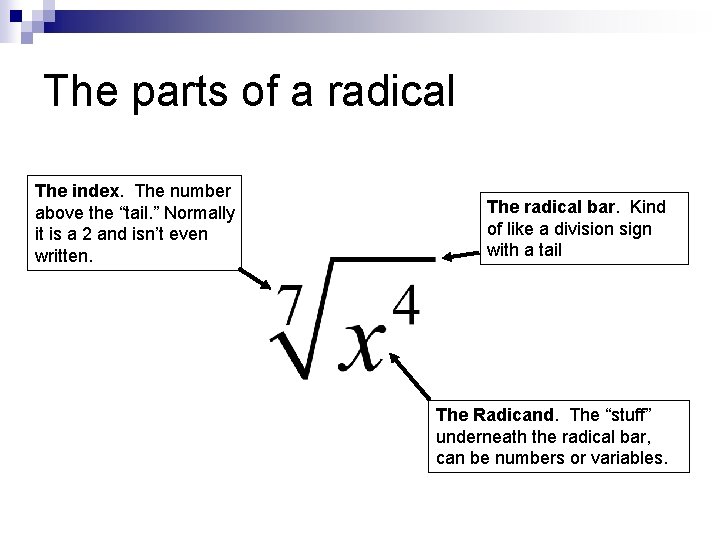 The parts of a radical The index. The number above the “tail. ” Normally The parts of a radical The index. The number above the “tail. ” Normally