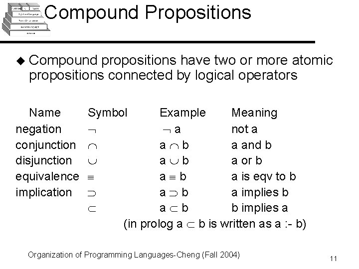 Compound Propositions u Compound propositions have two or more atomic propositions connected by logical