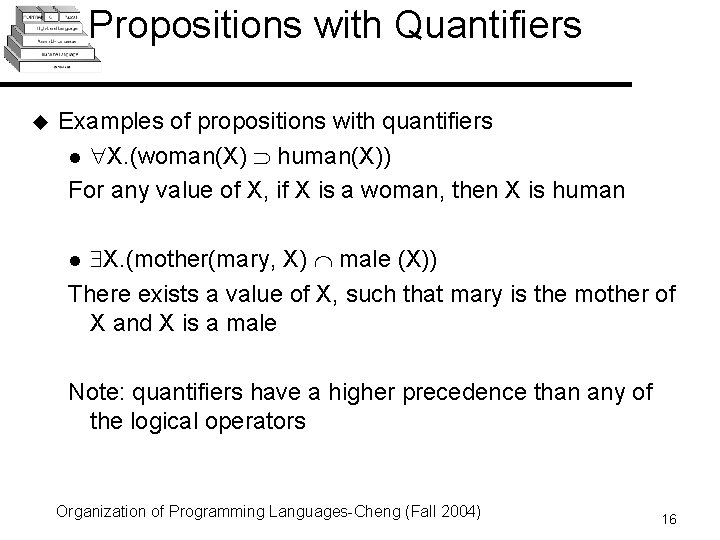 Propositions with Quantifiers u Examples of propositions with quantifiers l X. (woman(X) human(X)) For