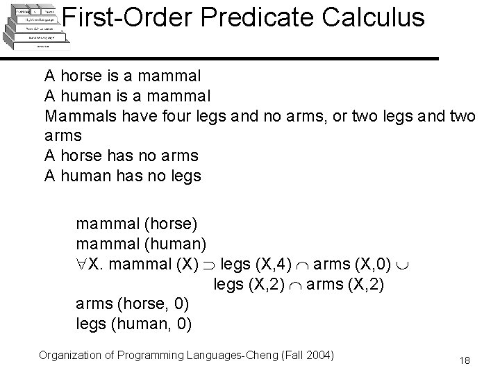 First-Order Predicate Calculus A horse is a mammal A human is a mammal Mammals