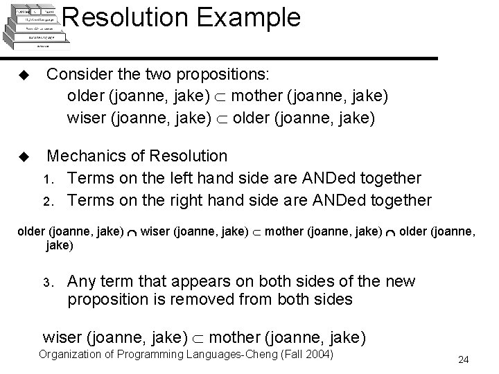 Resolution Example u Consider the two propositions: older (joanne, jake) mother (joanne, jake) wiser