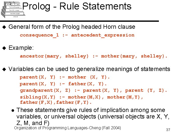 Prolog - Rule Statements u General form of the Prolog headed Horn clause consequence_1