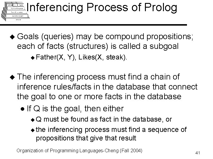 Inferencing Process of Prolog u Goals (queries) may be compound propositions; each of facts