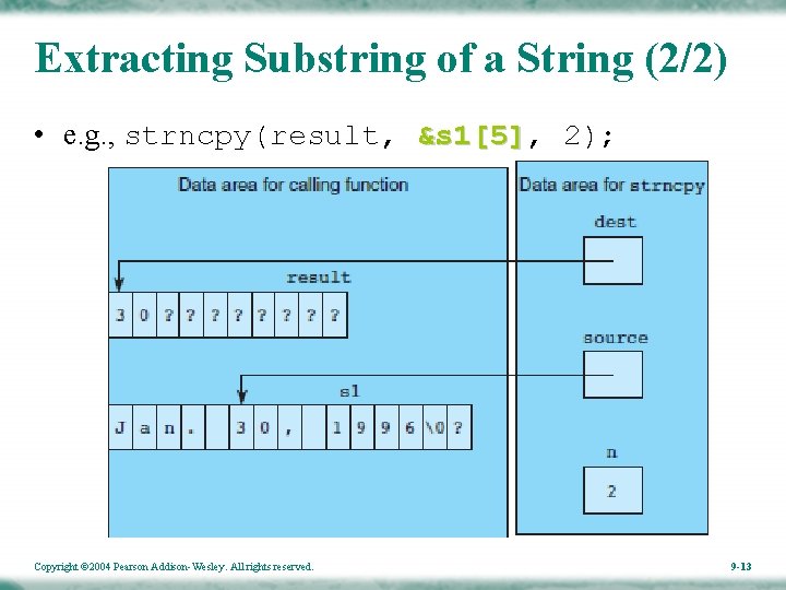 Extracting Substring of a String (2/2) • e. g. , strncpy(result, &s 1[5] 2);