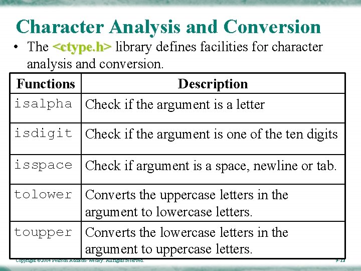 Character Analysis and Conversion • The <ctype. h> library defines facilities for character analysis