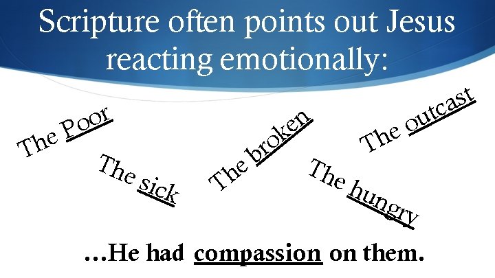 Scripture often points out Jesus reacting emotionally: e h T r o Po The
