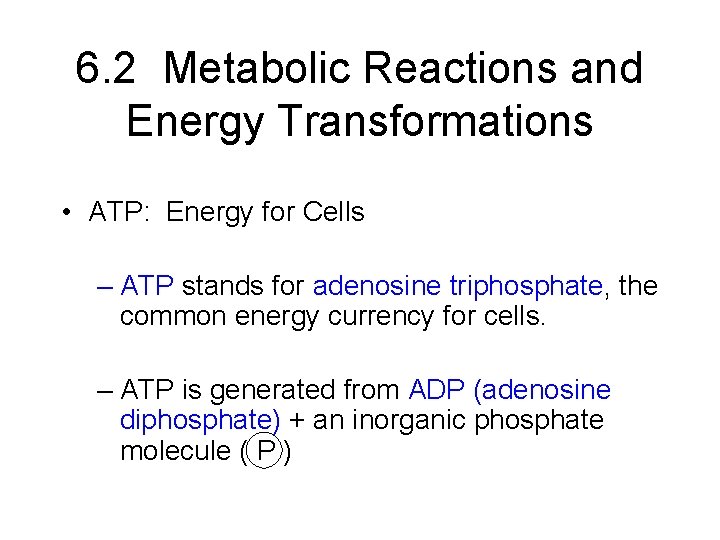 6. 2 Metabolic Reactions and Energy Transformations • ATP: Energy for Cells – ATP