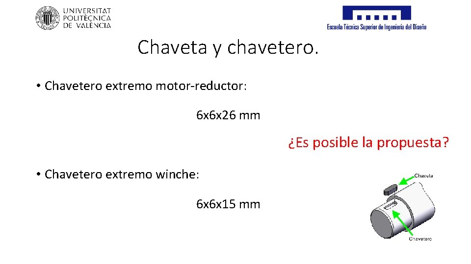 Chaveta y chavetero. • Chavetero extremo motor-reductor: 6 x 6 x 26 mm ¿Es