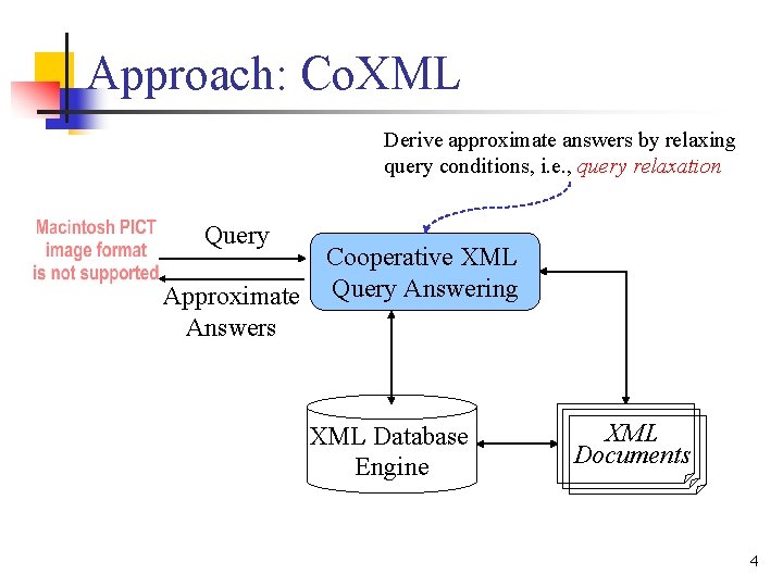 Approach: Co. XML Derive approximate answers by relaxing query conditions, i. e. , query Approach: Co. XML Derive approximate answers by relaxing query conditions, i. e. , query