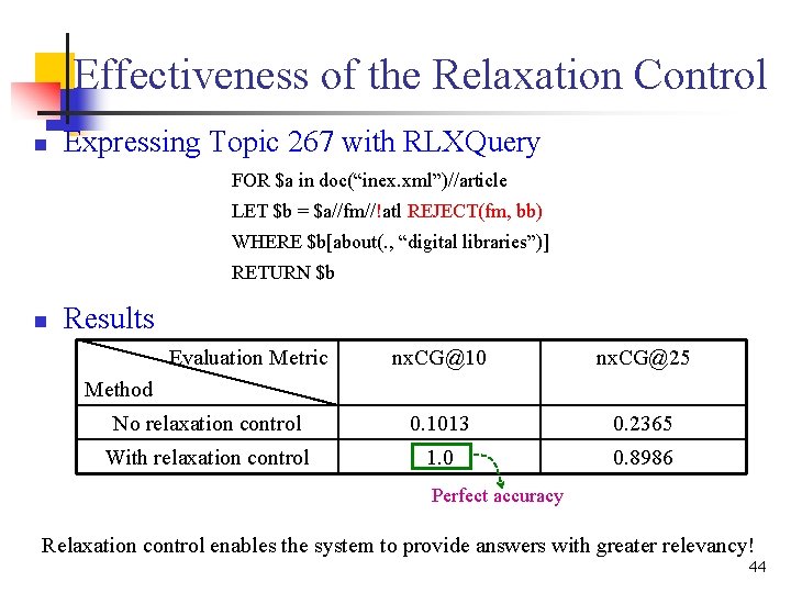 Effectiveness of the Relaxation Control n Expressing Topic 267 with RLXQuery FOR $a in Effectiveness of the Relaxation Control n Expressing Topic 267 with RLXQuery FOR $a in