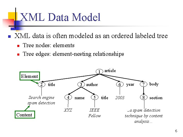 XML Data Model n XML data is often modeled as an ordered labeled tree XML Data Model n XML data is often modeled as an ordered labeled tree