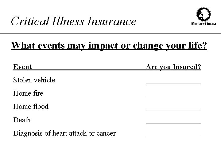 Critical Illness Insurance What events may impact or change your life? Event Are you