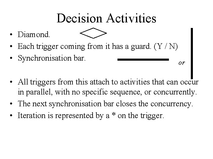 Decision Activities • Diamond. • Each trigger coming from it has a guard. (Y