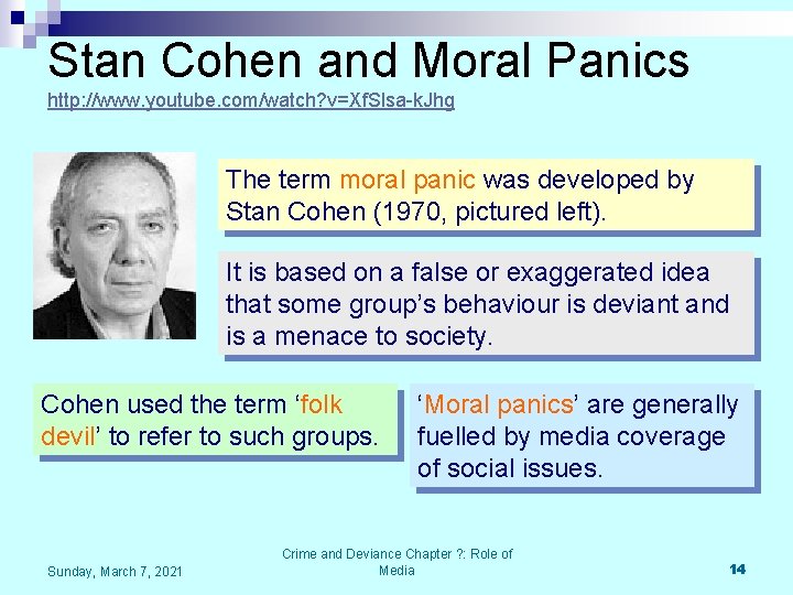 Stan Cohen and Moral Panics http: //www. youtube. com/watch? v=Xf. Slsa-k. Jhg The term