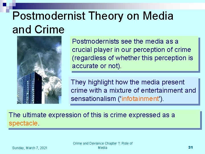 Postmodernist Theory on Media and Crime Postmodernists see the media as a crucial player