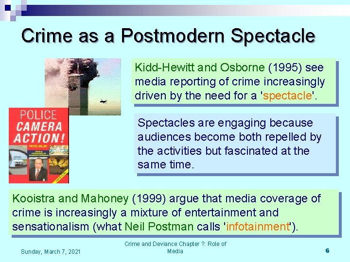 Crime as a Postmodern Spectacle Kidd-Hewitt and Osborne (1995) see media reporting of crime