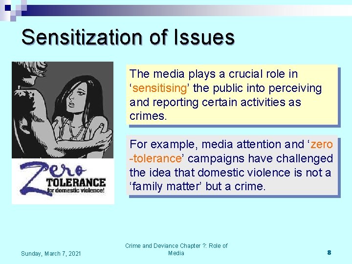 Sensitization of Issues The media plays a crucial role in ‘sensitising’ the public into