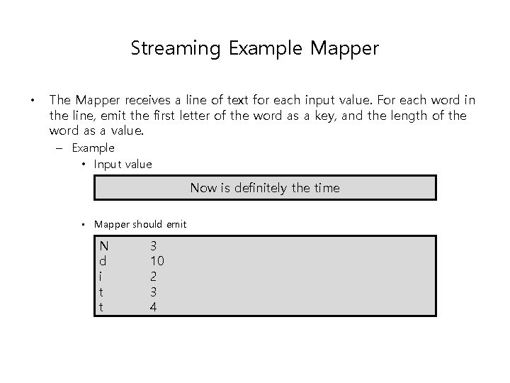 Streaming Example Mapper • The Mapper receives a line of text for each input