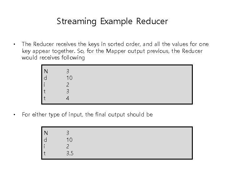 Streaming Example Reducer • The Reducer receives the keys in sorted order, and all