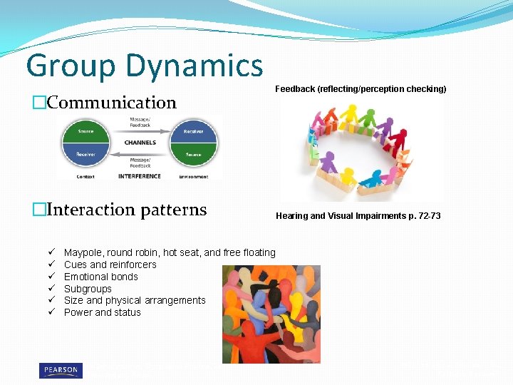 Group Dynamics �Communication Feedback (reflecting/perception checking) �Interaction patterns ü ü ü Hearing and Visual