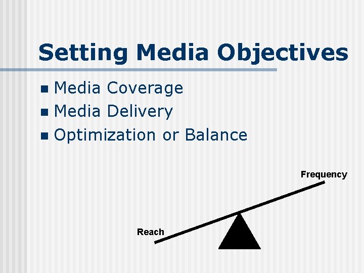 Setting Media Objectives Media Coverage n Media Delivery n Optimization or Balance n Frequency