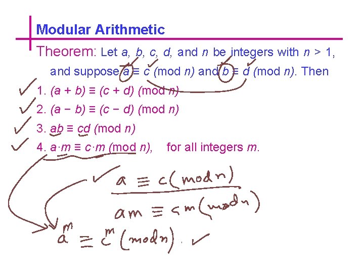 Modular Arithmetic Theorem: Let a, b, c, d, and n be integers with n