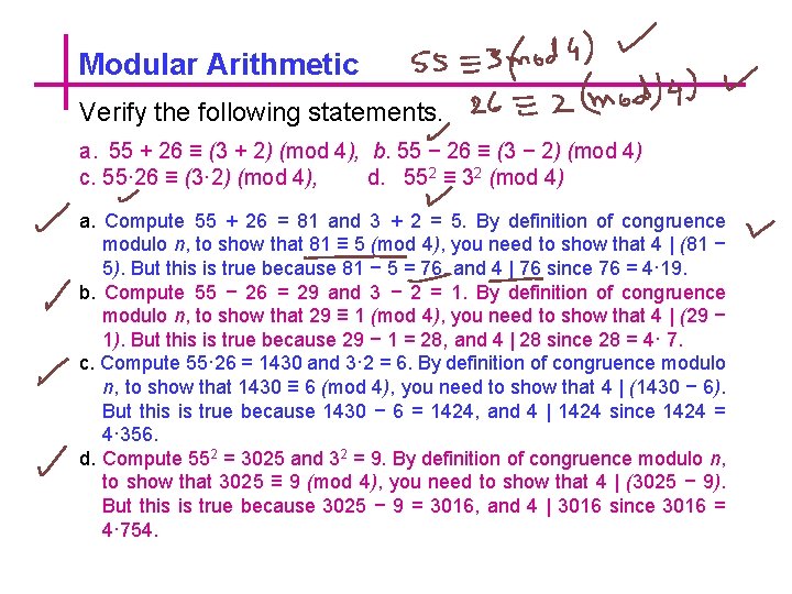 Modular Arithmetic Verify the following statements. a. 55 + 26 ≡ (3 + 2)