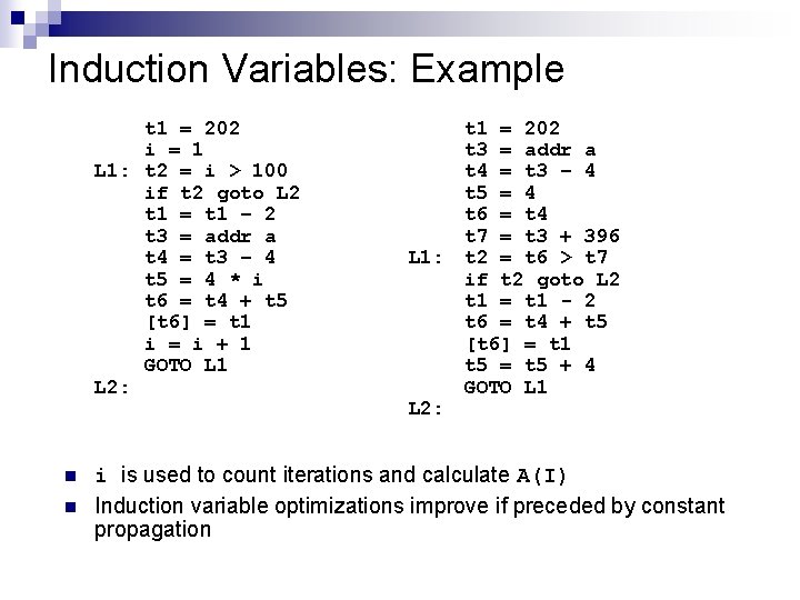 Induction Variables: Example t 1 = 202 i = 1 L 1: t 2