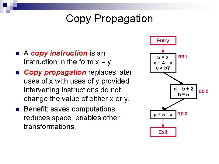 Copy Propagation Entry n n n A copy instruction is an instruction in the