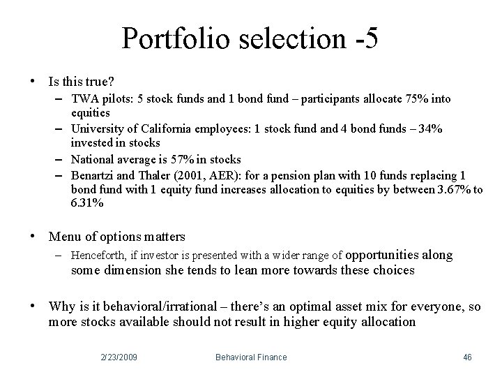 Portfolio selection -5 • Is this true? – TWA pilots: 5 stock funds and Portfolio selection -5 • Is this true? – TWA pilots: 5 stock funds and